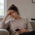 Person sitting on a sofa feeling mentally drained after a phone call