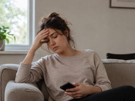Person sitting on a sofa feeling mentally drained after a phone call