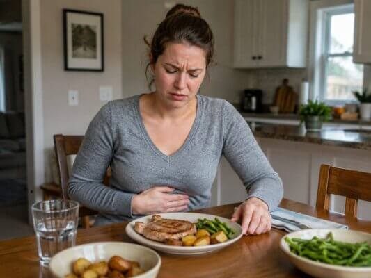 A Western woman sitting at a dining table with a pork meal in front of her, holding her stomach with a mildly nauseous expression in a natural home kitchen setting.