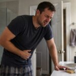 A Western man clutching his stomach in a bathroom after eating a protein bar, showing digestive discomfort in a natural realistic home setting.