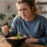 A Western woman sitting at a kitchen table with a bowl of ramen, holding chopsticks while pressing one hand against her stomach with an uncomfortable expression after eating.