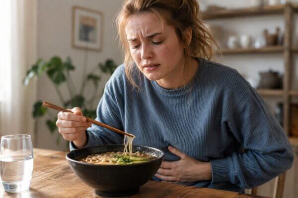 A Western woman sitting at a kitchen table with a bowl of ramen, holding chopsticks while pressing one hand against her stomach with an uncomfortable expression after eating.