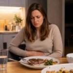 A Western woman sitting at a dining table after eating steak, holding her stomach with a nauseous expression in a warm home kitchen