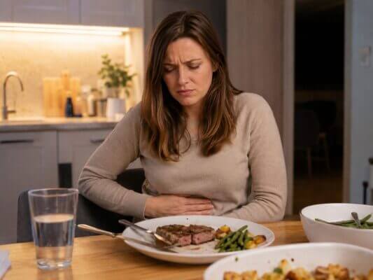 A Western woman sitting at a dining table after eating steak, holding her stomach with a nauseous expression in a warm home kitchen