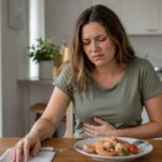 A Western woman sitting at a kitchen table with a plate of shrimp, holding her stomach with an uncomfortable expression after eating.