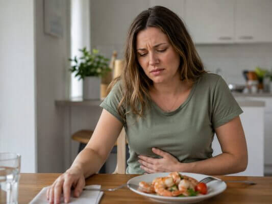 A Western woman sitting at a kitchen table with a plate of shrimp, holding her stomach with an uncomfortable expression after eating.