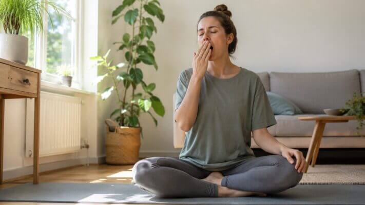 Person feeling sleepy after a meditation session in natural morning light