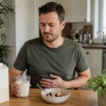 A Western man sitting at a breakfast table with a glass of soy milk, resting one hand on his stomach with a mildly uncomfortable expression in a natural home kitchen setting.