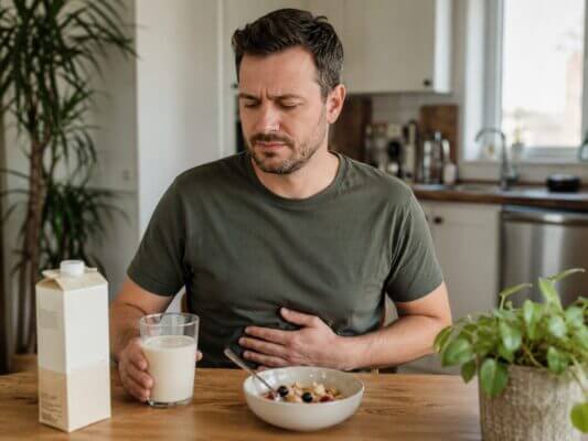 A Western man sitting at a breakfast table with a glass of soy milk, resting one hand on his stomach with a mildly uncomfortable expression in a natural home kitchen setting.