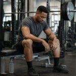 Athlete recovering after a heavy squat set with visible leg fatigue in a gym