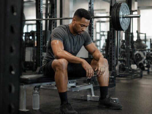 Athlete recovering after a heavy squat set with visible leg fatigue in a gym