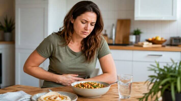 Western woman holding her stomach at a kitchen table after eating chickpeas, showing mild digestive discomfort in a natural home setting.