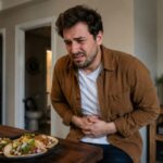 A realistic image of a Western man clutching his stomach with an uncomfortable expression beside a plate of tacos on a dining table.