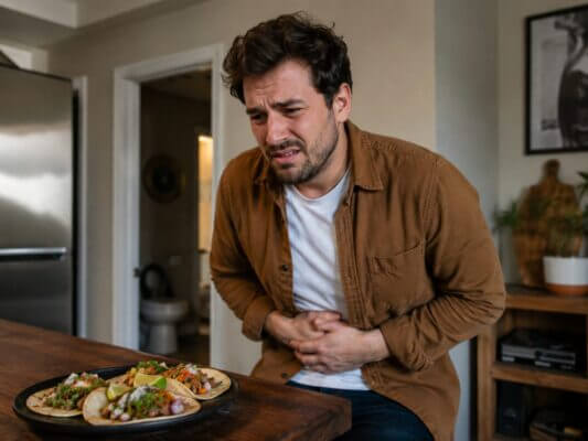 A realistic image of a Western man clutching his stomach with an uncomfortable expression beside a plate of tacos on a dining table.