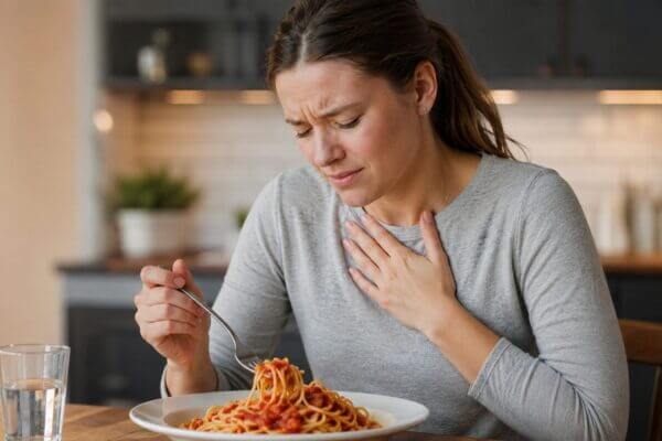 A Western woman holding her chest with discomfort while sitting at a kitchen table with spaghetti in tomato sauce, showing a natural heartburn moment in a realistic home kitchen.
