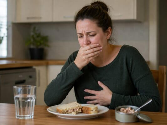 Western woman feeling nauseous at a kitchen table after eating a tuna sandwich, with an open tuna can and glass of water nearby in a natural realistic home setting.