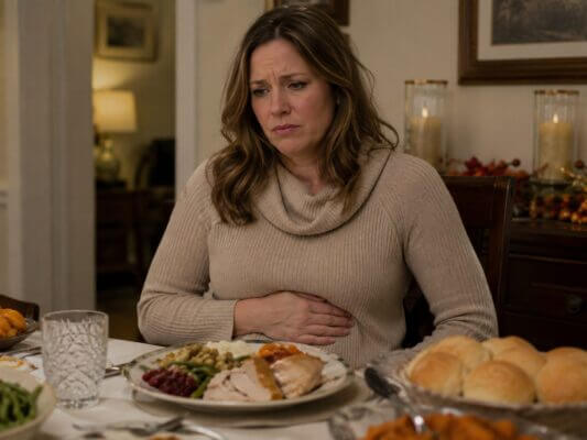 A natural photorealistic image of a Western woman sitting at a warm indoor dinner table with roasted turkey and holiday side dishes in front of her, resting one hand on her stomach with an uncomfortable nauseous expression.