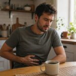 A Western man sitting at a kitchen table in the morning with a cup of black coffee nearby, holding his lower abdomen with a subtle uncomfortable expression after drinking coffee.