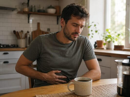 A Western man sitting at a kitchen table in the morning with a cup of black coffee nearby, holding his lower abdomen with a subtle uncomfortable expression after drinking coffee.