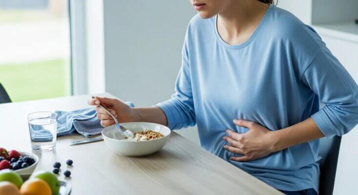 Person feeling bloated after eating yogurt at breakfast