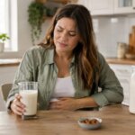 A woman in a bright kitchen holding a glass of almond milk while resting one hand on her stomach with a mildly uncomfortable expression.
