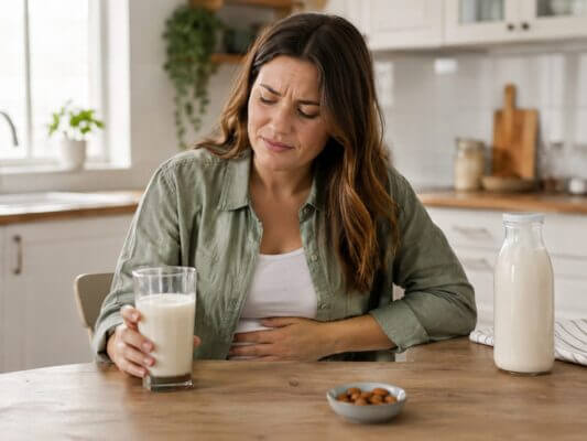 A woman in a bright kitchen holding a glass of almond milk while resting one hand on her stomach with a mildly uncomfortable expression.