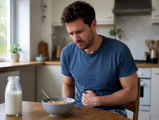 A realistic image of a Western man sitting at a kitchen table with a bowl of cereal and milk, clutching his stomach with an uncomfortable expression after eating breakfast.
