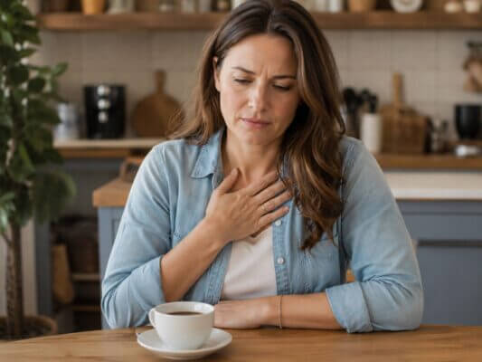 Western woman sitting at a kitchen table with a cup of coffee, gently touching her chest with mild discomfort from coffee-related heartburn.