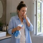 A woman coughing while holding a cleaning spray beside an open bathroom window.