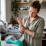 Woman checking her itchy, irritated hand beside a kitchen sink after washing dishes
