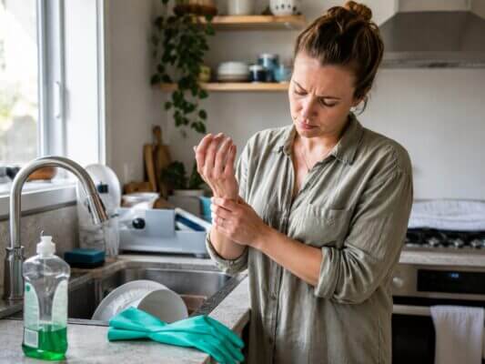 Woman checking her itchy, irritated hand beside a kitchen sink after washing dishes