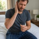 A man sitting on a bed touches his sore ear while holding a foam earplug after waking up.