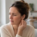 A woman gently touches her itchy earlobe while wearing a small stud earring in a softly lit living room.
