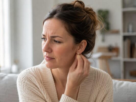 A woman gently touches her itchy earlobe while wearing a small stud earring in a softly lit living room.