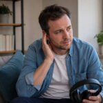 A concerned man holds over-ear headphones while touching one ear after noticing ringing following a listening session.