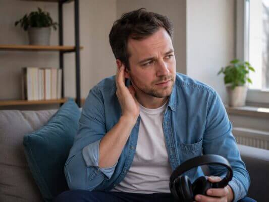 A concerned man holds over-ear headphones while touching one ear after noticing ringing following a listening session.