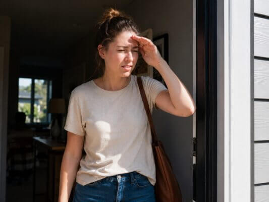 A Western woman squinting and shielding her eyes while stepping from a dim home into bright sunlight
