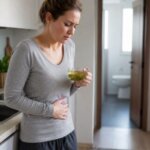 Woman holding green tea in a kitchen while experiencing mild stomach discomfort near a bathroom doorway