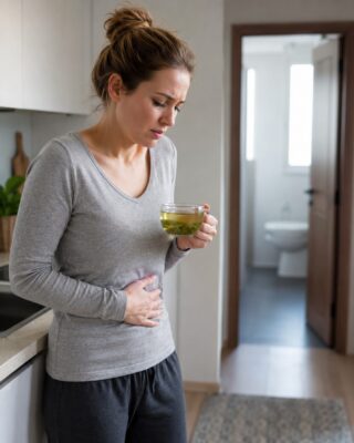 Woman holding green tea in a kitchen while experiencing mild stomach discomfort near a bathroom doorway