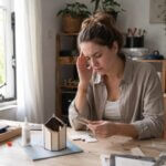 Woman holding her temple beside glue and craft materials near an open window after developing a headache from adhesive fumes.