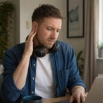 A man touching his sore ear after removing over-ear headphones while working at a laptop.