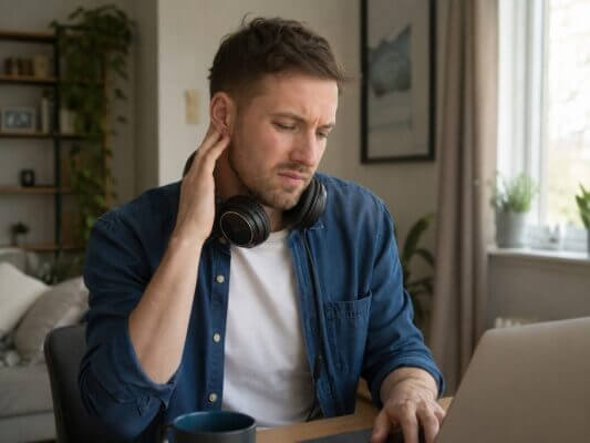 A man touching his sore ear after removing over-ear headphones while working at a laptop.