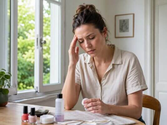 A woman removing nail polish beside an open window while touching her temple as the remover fumes cause a headache.