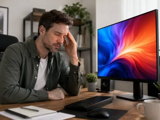 A tired Western man sits at a desk holding his temple while looking strained in front of a bright computer monitor in a natural home office setting.