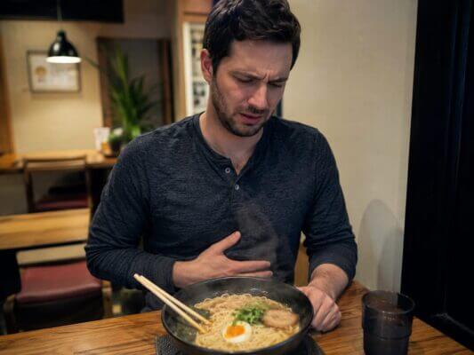 A Western man sits at a table with a steaming bowl of ramen, holding his stomach with a concerned expression after eating.