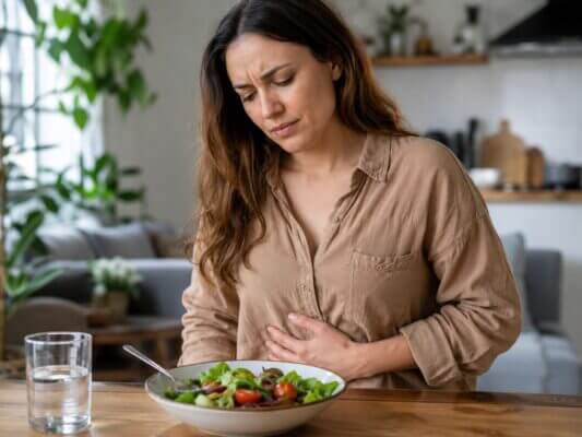 Western woman holding her stomach beside a fresh salad bowl at home, suggesting digestive discomfort after eating salad.