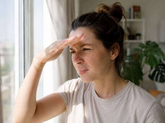 A woman shielding her eyes from bright window light after experiencing temporary spots in her vision