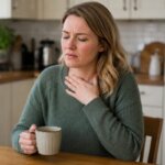 Western woman holding a cup of tea in a kitchen while touching her throat with an uncomfortable expression from heartburn or acid reflux