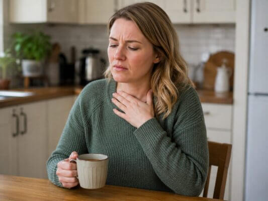Western woman holding a cup of tea in a kitchen while touching her throat with an uncomfortable expression from heartburn or acid reflux