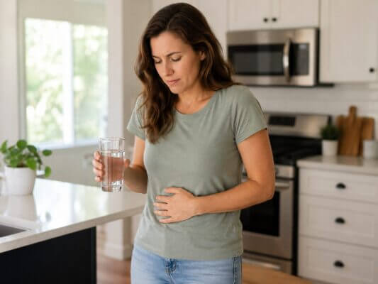Woman holding a glass of water and touching her stomach with mild discomfort in a bright kitchen
